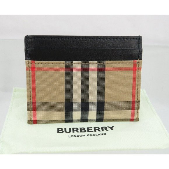 BURBERRY SANDON BEIGE CHECK CANVAS BLACK LEATHER LOGO CARD HOLDER CASE WALLET - Picture 1 of 10